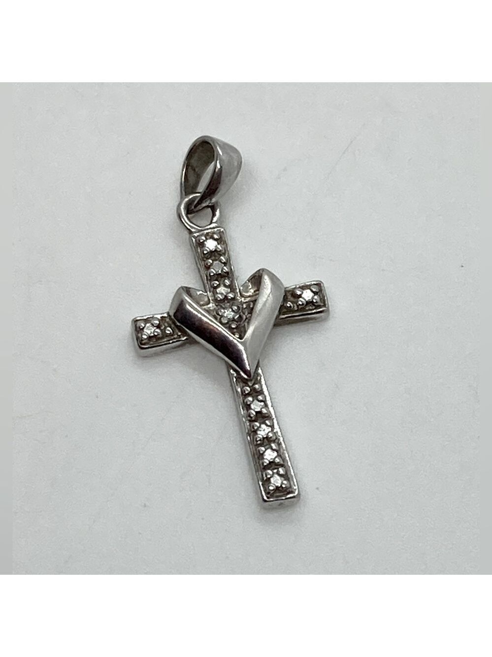 Vtg 925 Sterling Silver & Cubic Zirconia Stone Cross Pendant | 1.1” L x .5” W